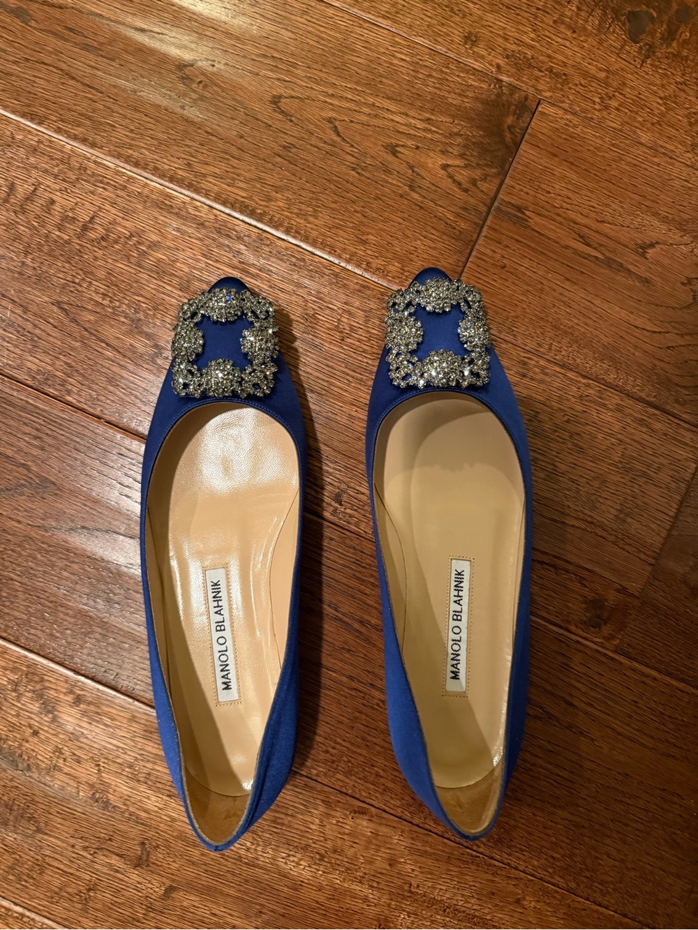 Manolo Blahnik Sapphire Blue Satin Jeweled Buckle Flats